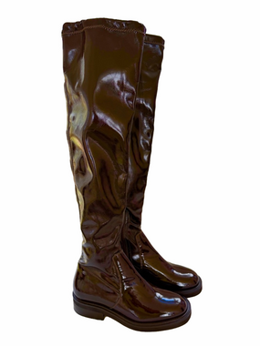 Free People Go Go Gloss Brown Patent Leather Over the Knee Boots Size 37/7 EUC